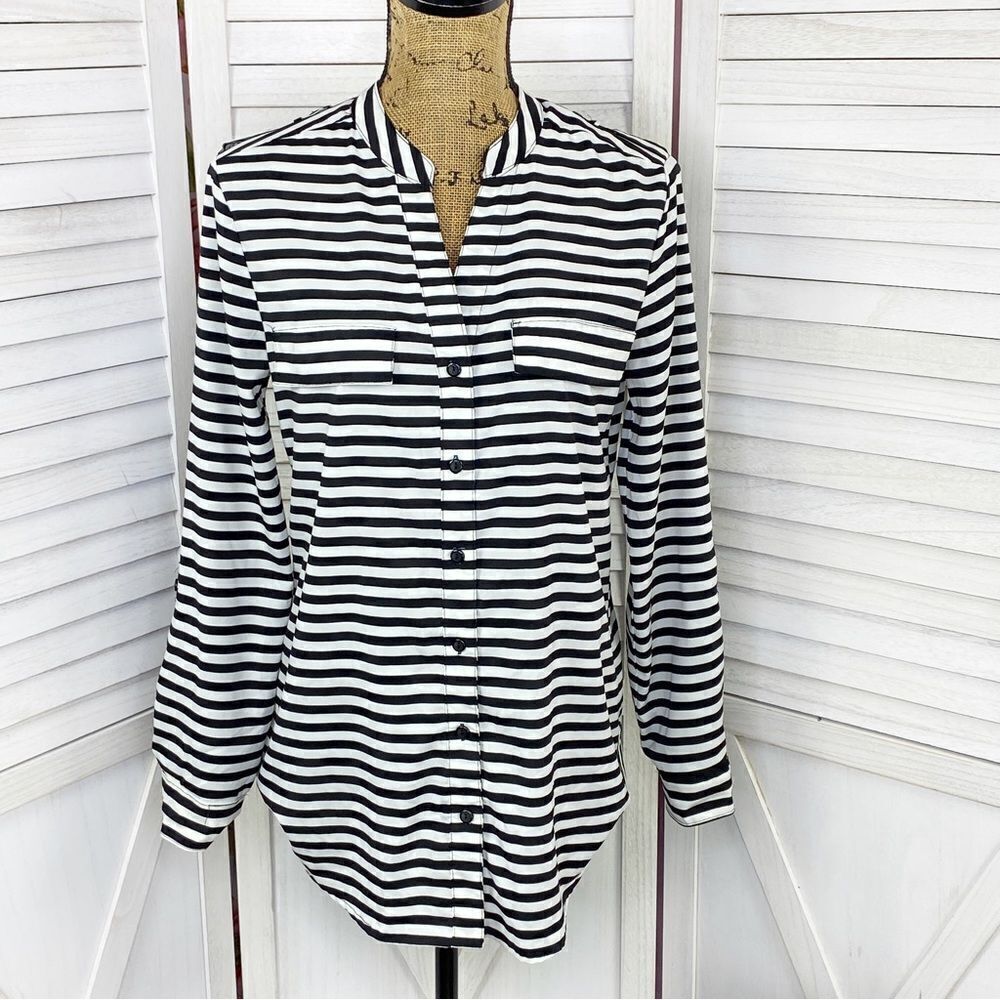 Notations‎ Striped Button Front Blouse Black White Small